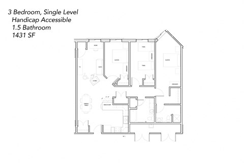 Floor plan for 3 beds, 1.5 baths, 1431 sqft